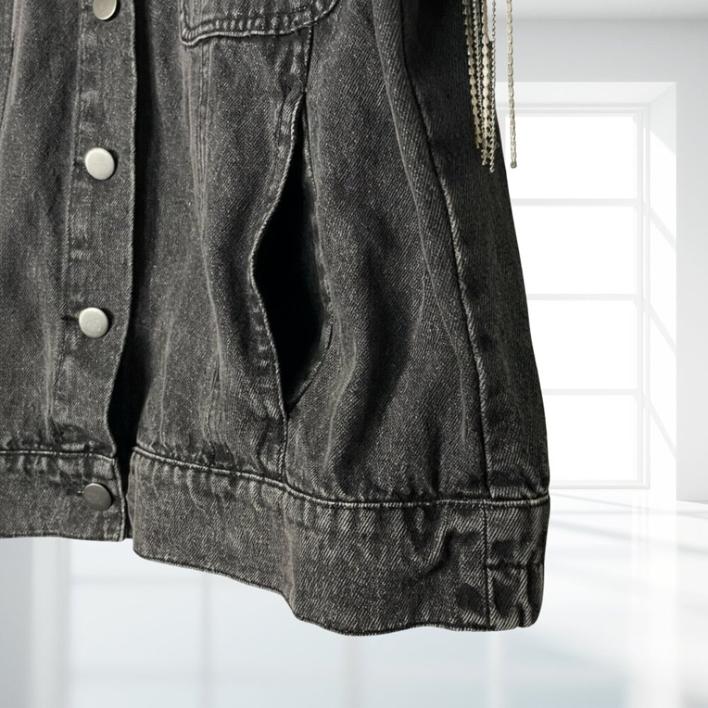 Le Lis Tassel Denim Jacket M | Black Wash Rhinestone Chain Fringe Cotton Western - Picture 11 of 16